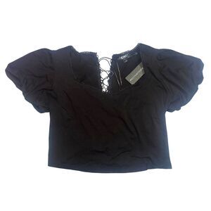 Blk Dolls Kill Widow 1X Witchy Alt Goth Puff Sleeve Embroidered Lace Up Crop Top